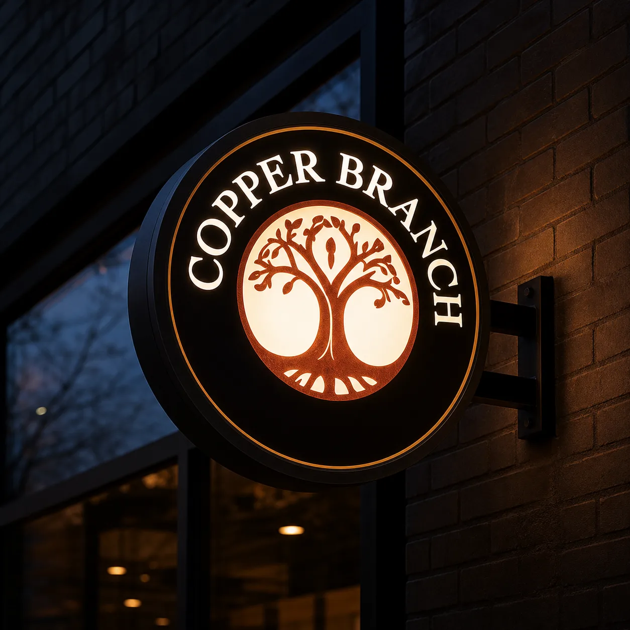 An illuminated Copper Branch round sign mounted on a dark brick storefront at dusk.