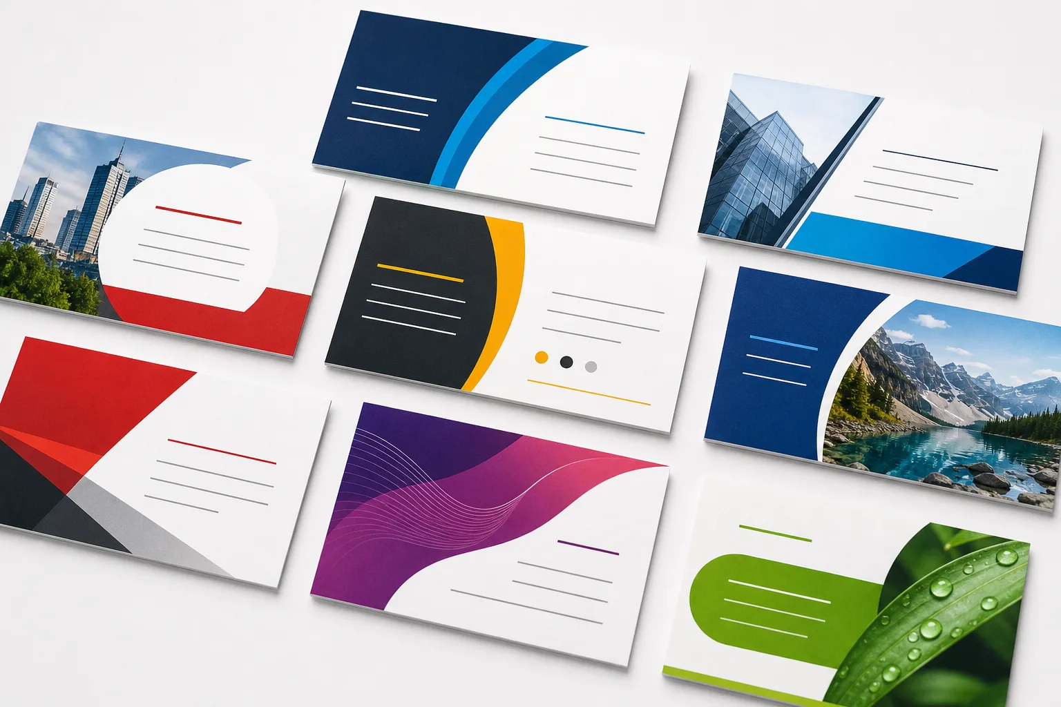 Vibrant full-colour business cards spread across a surface.