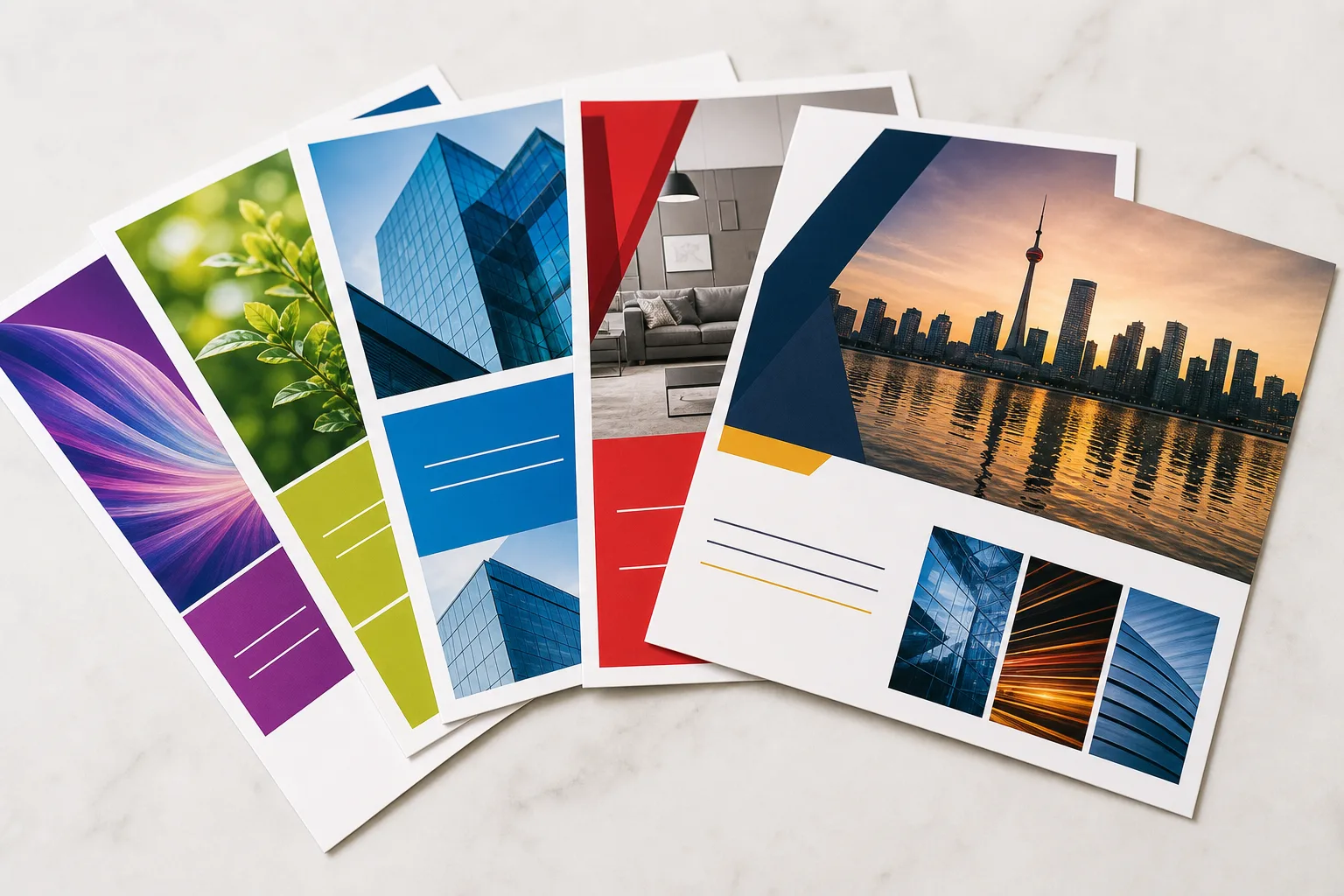 Glossy full-colour postcards arranged in a fan.