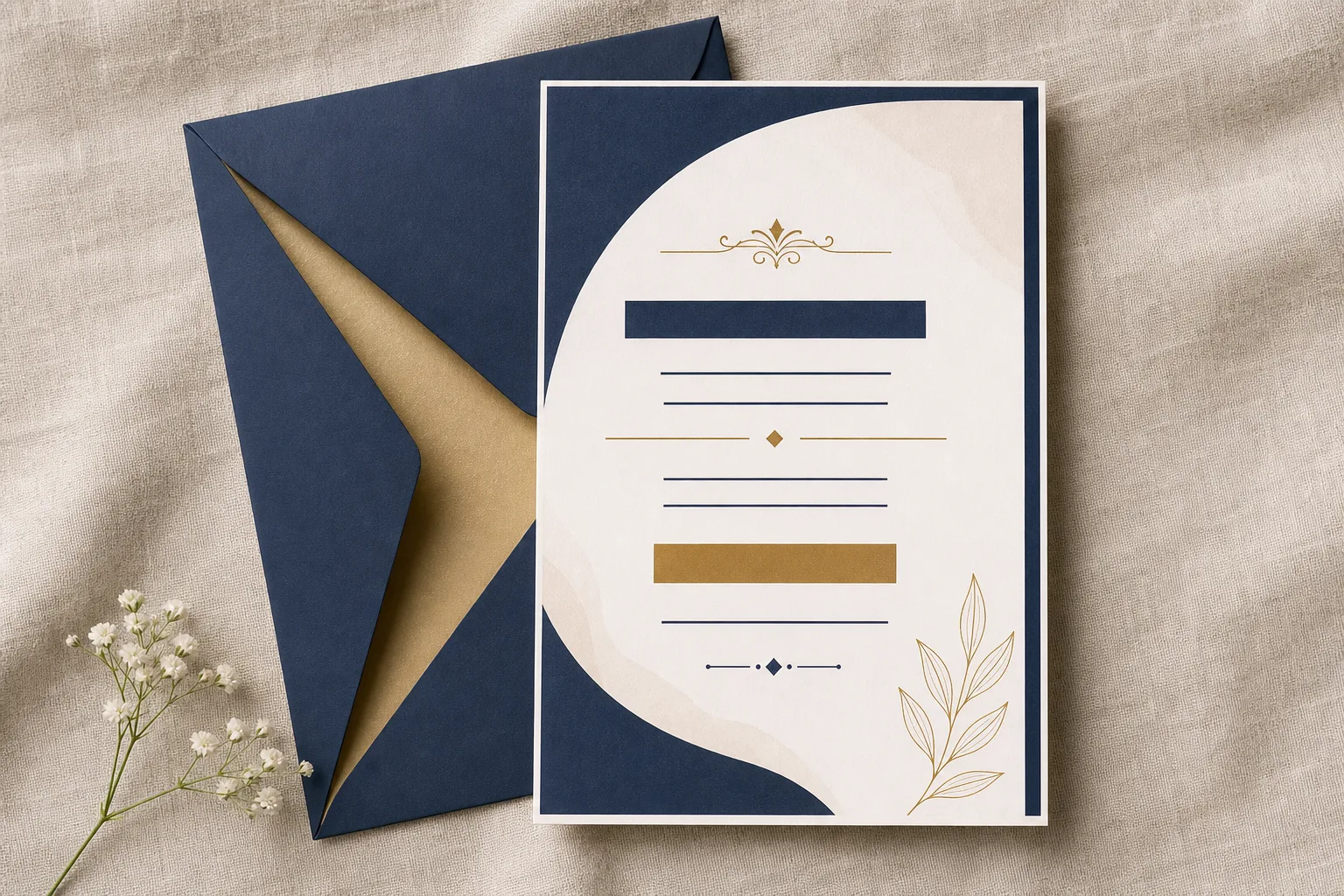 Printed event invitation card with matching envelope.