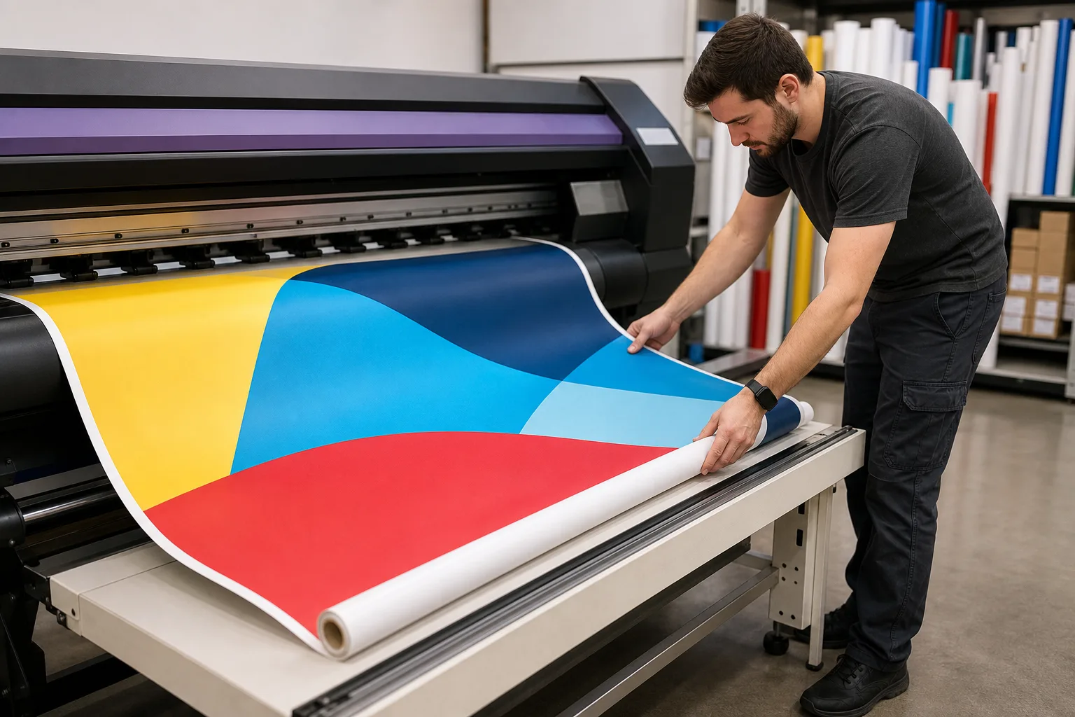 Freshly printed large-format banner being unrolled.
