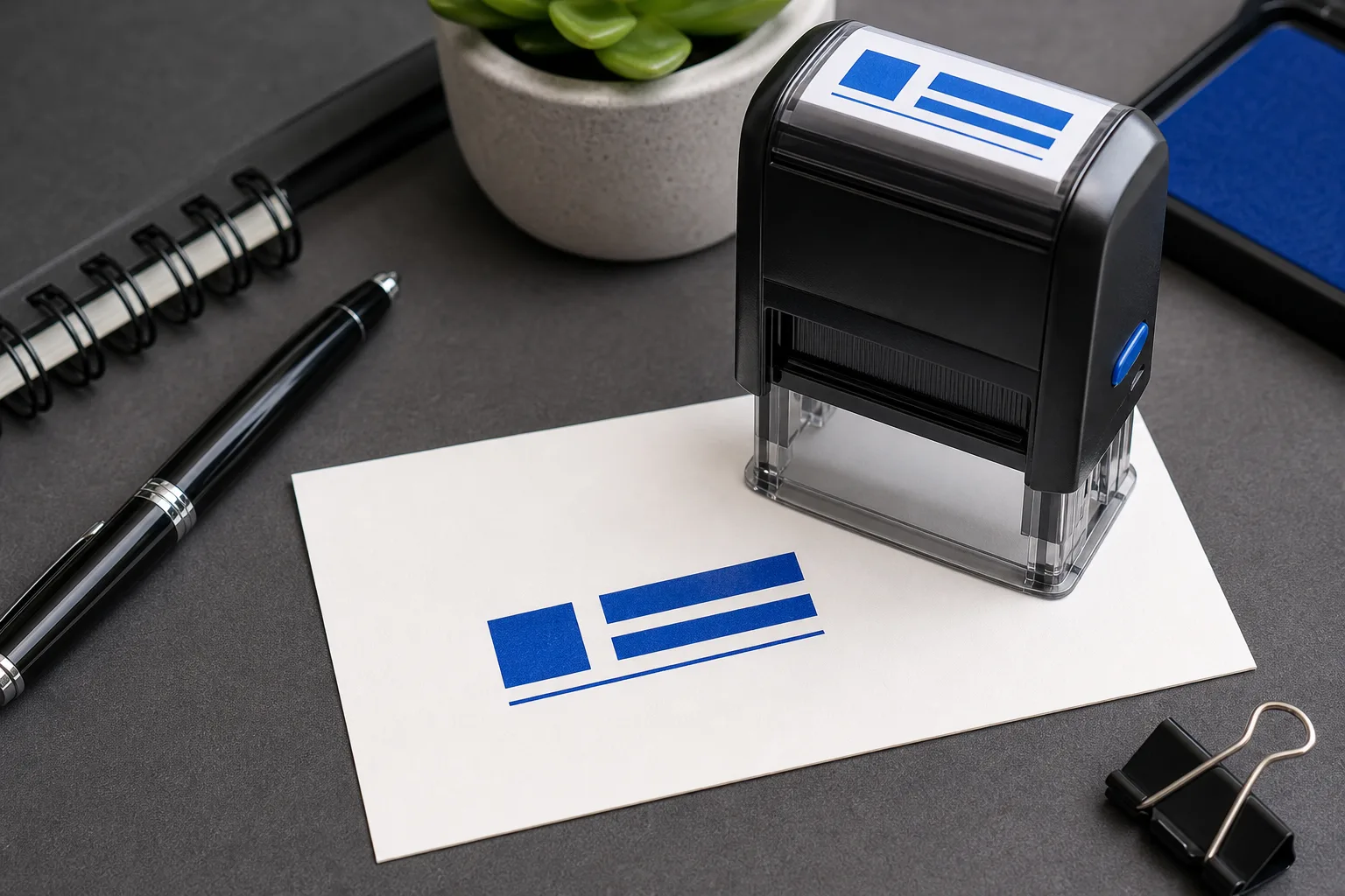 Self-inking rubber stamp impression on a card.