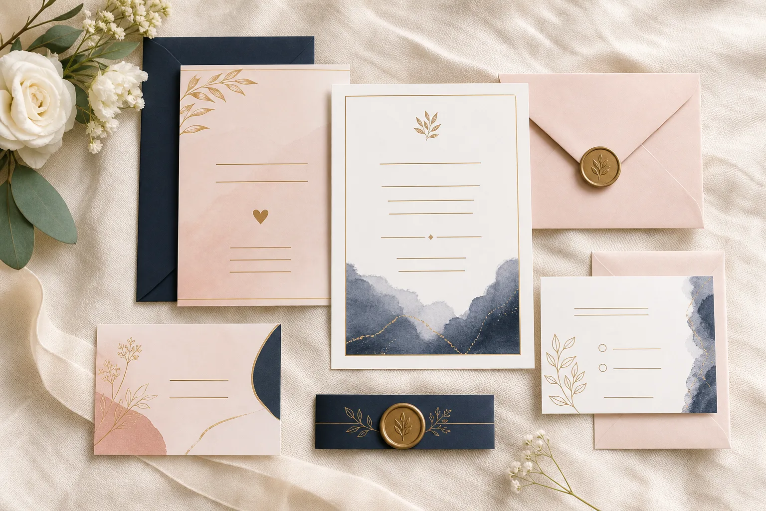 Printed wedding suite arranged on linen.