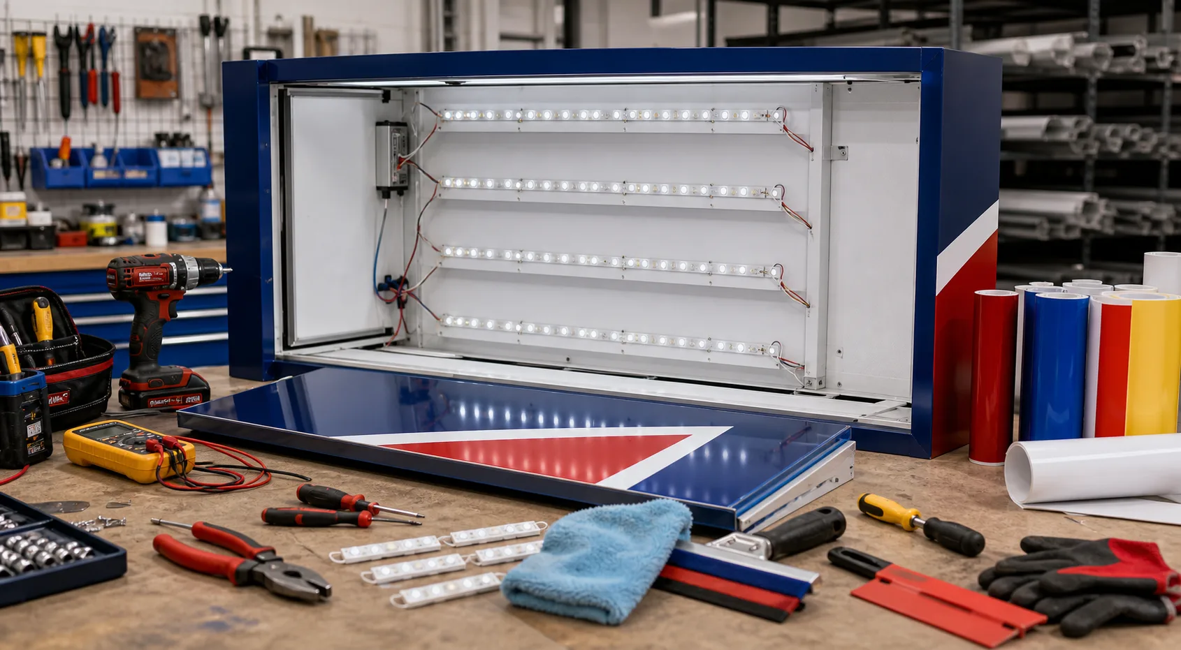 Opened sign cabinet being repaired on a shop workbench.