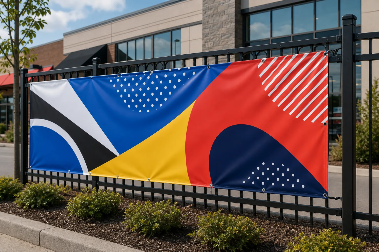 Large vinyl banner with bold promotional graphics.