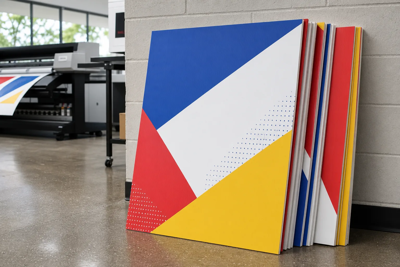 Stack of freshly printed coroplast signs.