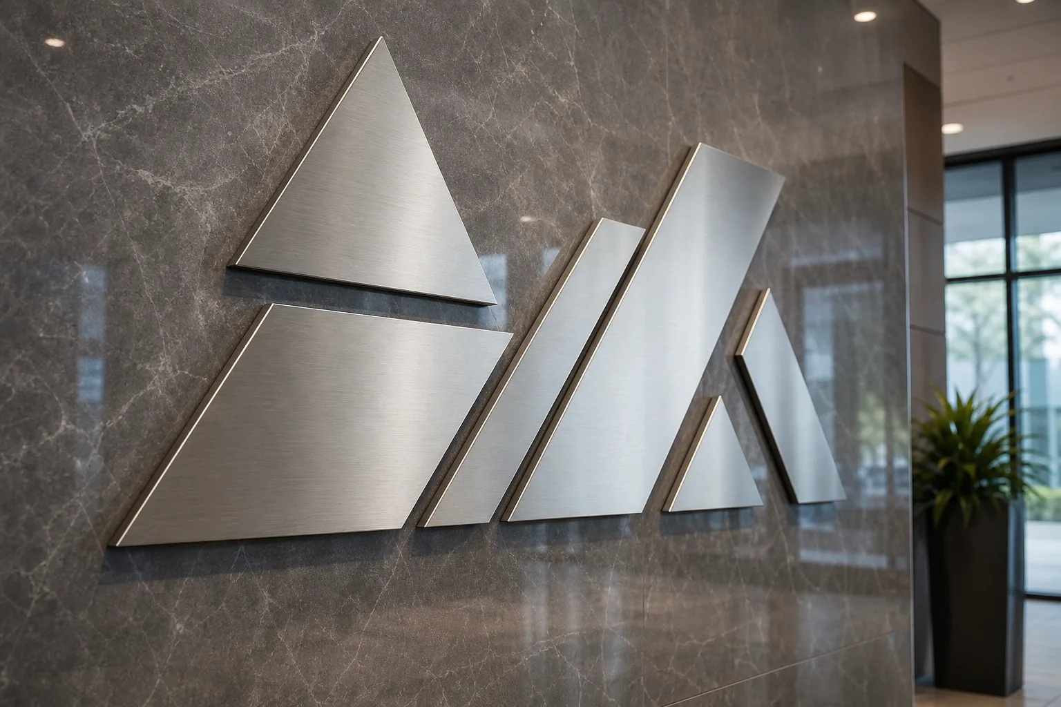 Metal dimensional letters mounted on an interior wall.