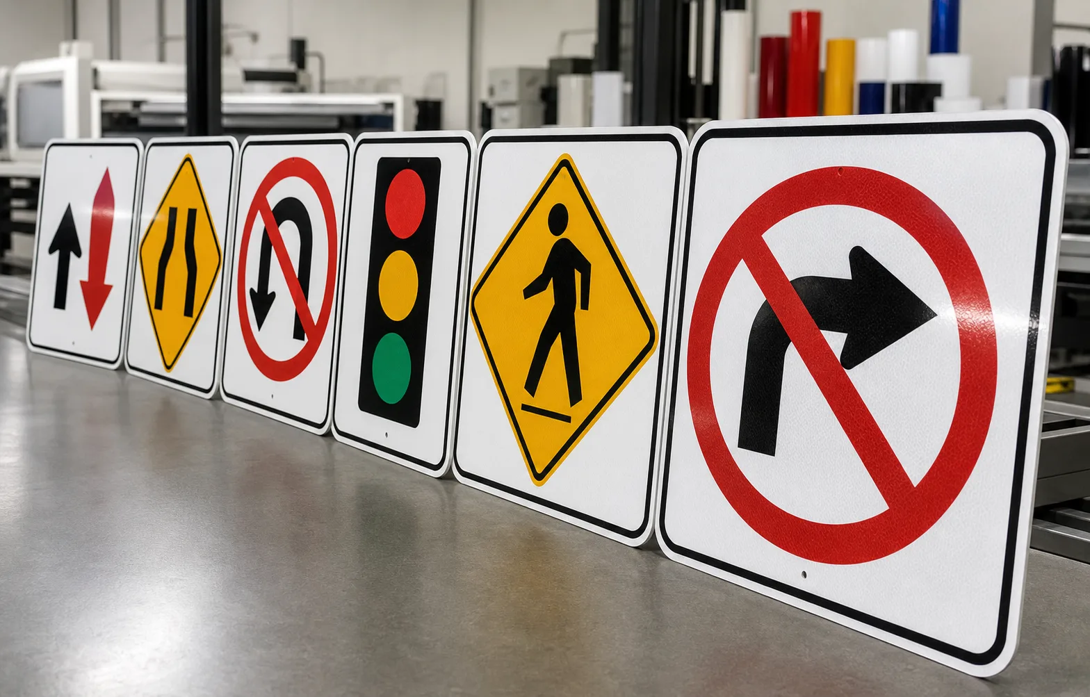 Set of directional signs with arrows mounted in a commercial space.