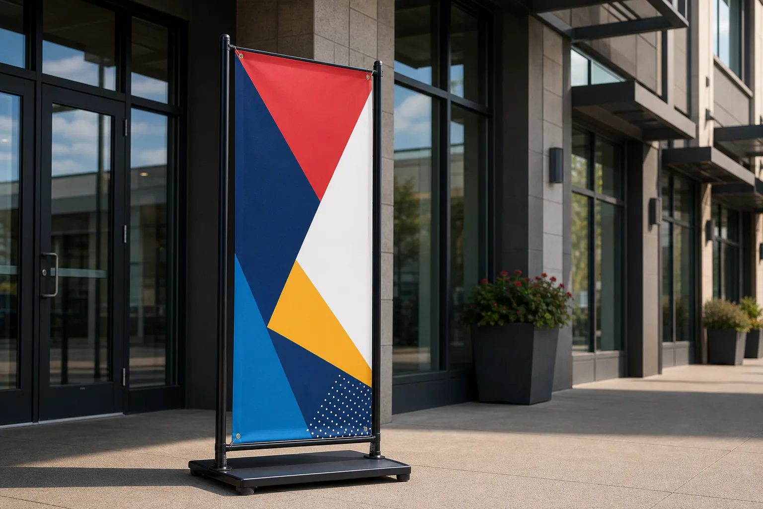 Teardrop flag signs displayed outside a storefront.