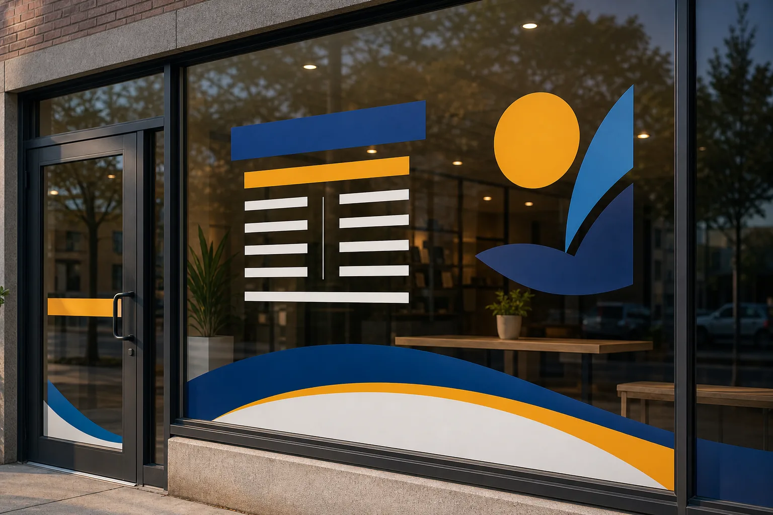 Retail storefront window with vinyl lettering.